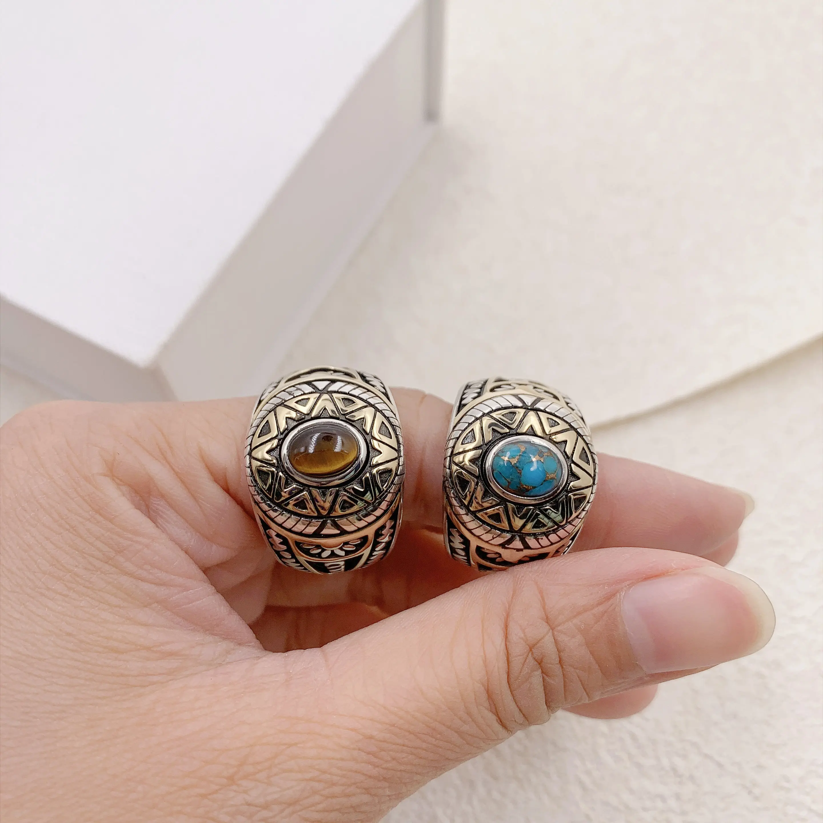 Daidan Antique Silver Jewelry Men Natural Stone Oval Black Onyx Brass Sterling Silver 925 Ring