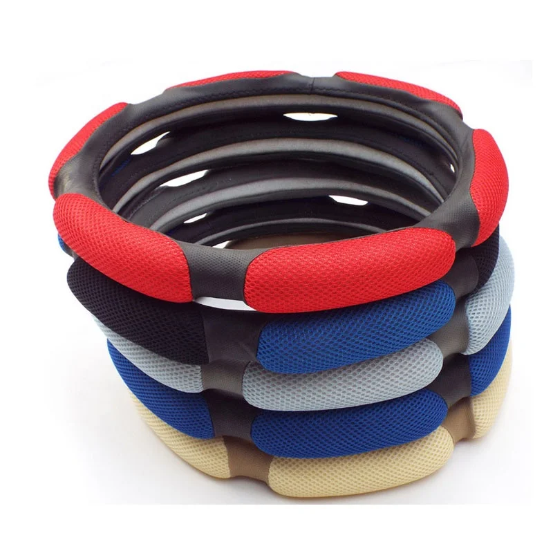 wholesale 3D sandwich mesh PU leather material car steering wheel cover for four seasons