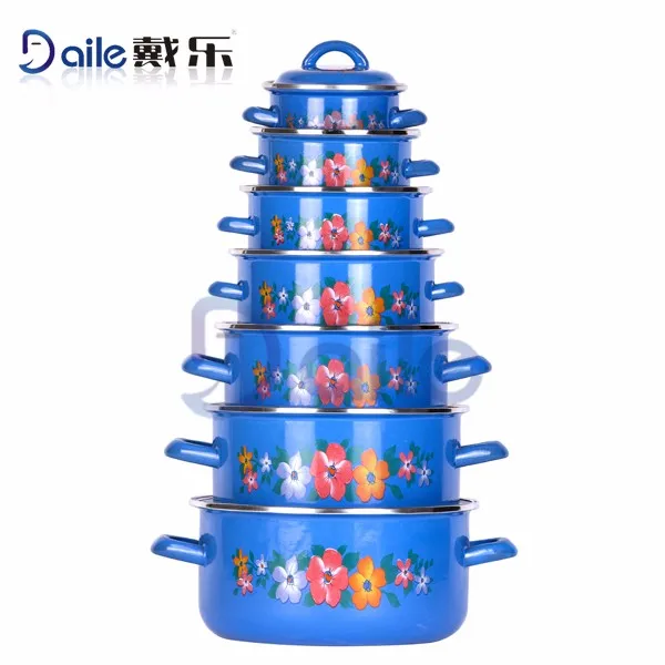 7 pcs blue flower decal cookware set cooking pot enamel casseroles sets with enamel lid