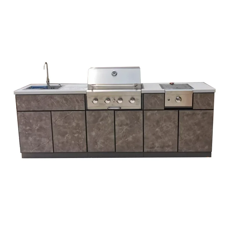 Outdoor Kitchen Island Grill & Storage Cabinets, Patio Garden Cooking Propane Gas BBQ Grill with Side Burner, Gray