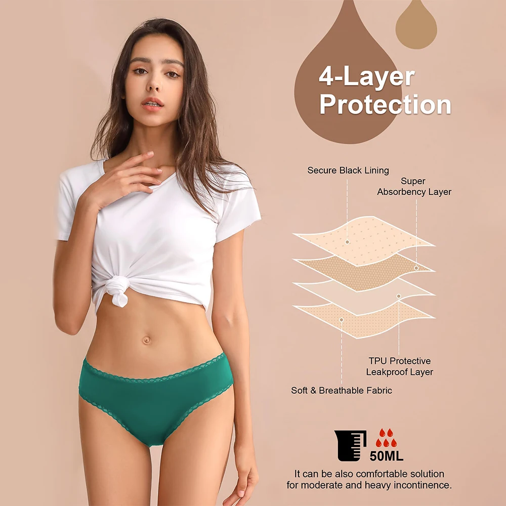 Shanhao Cotton Leakproof Underwear Low Waist Lace Bragas Menstruales 4 Layer Heavy Flow Nylon Period Menstrual Panties