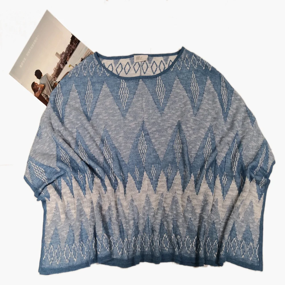 
Fashion style jacquard triangle pattern batwing sleeve oversized cos cape knitted pullover sweater for ladies 
