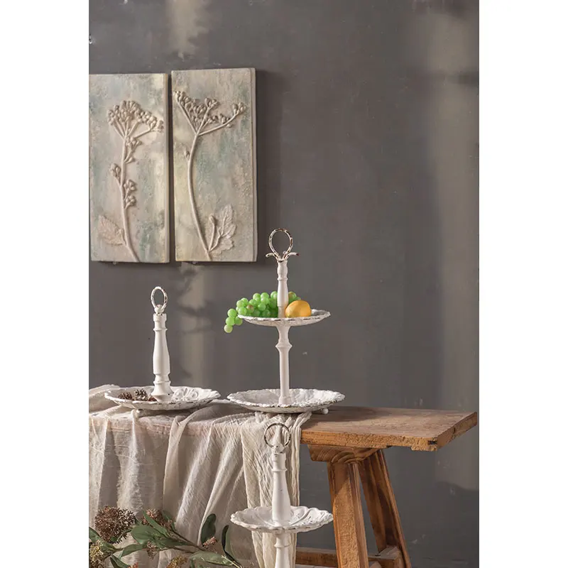 Tea Cake Display Stand Nordic White Serving Plates Fruit Dessert Tray French Style 2 Tier Wrought Iron for Wedding Party Round