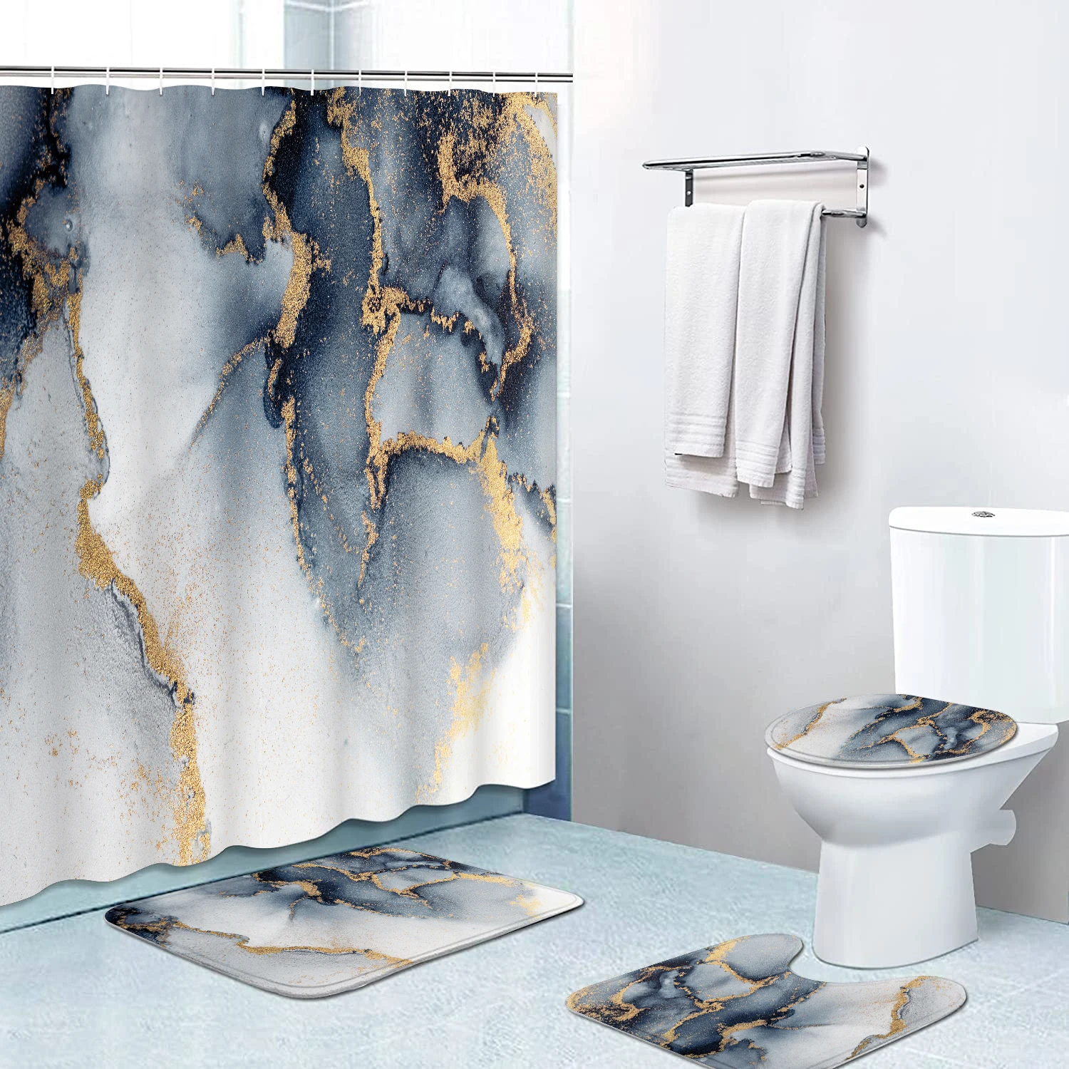 Navy Blue Marble Shower Curtain Set with 4 PCS for Bathroom with Many Hot Design Patterns Free Sample offered
