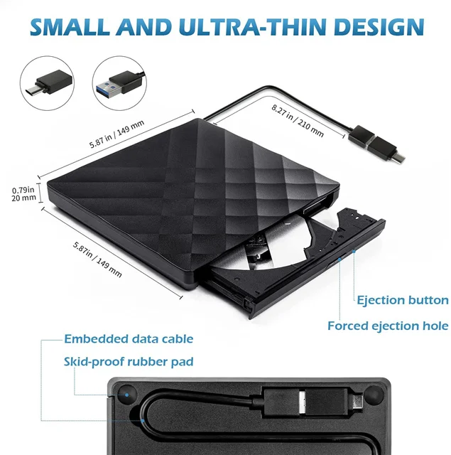 Портативный внешний DVD-проигрыватель, CD-проигрыватель с USB 3,0, 2 слота для SD-карт, 4 USB-порта