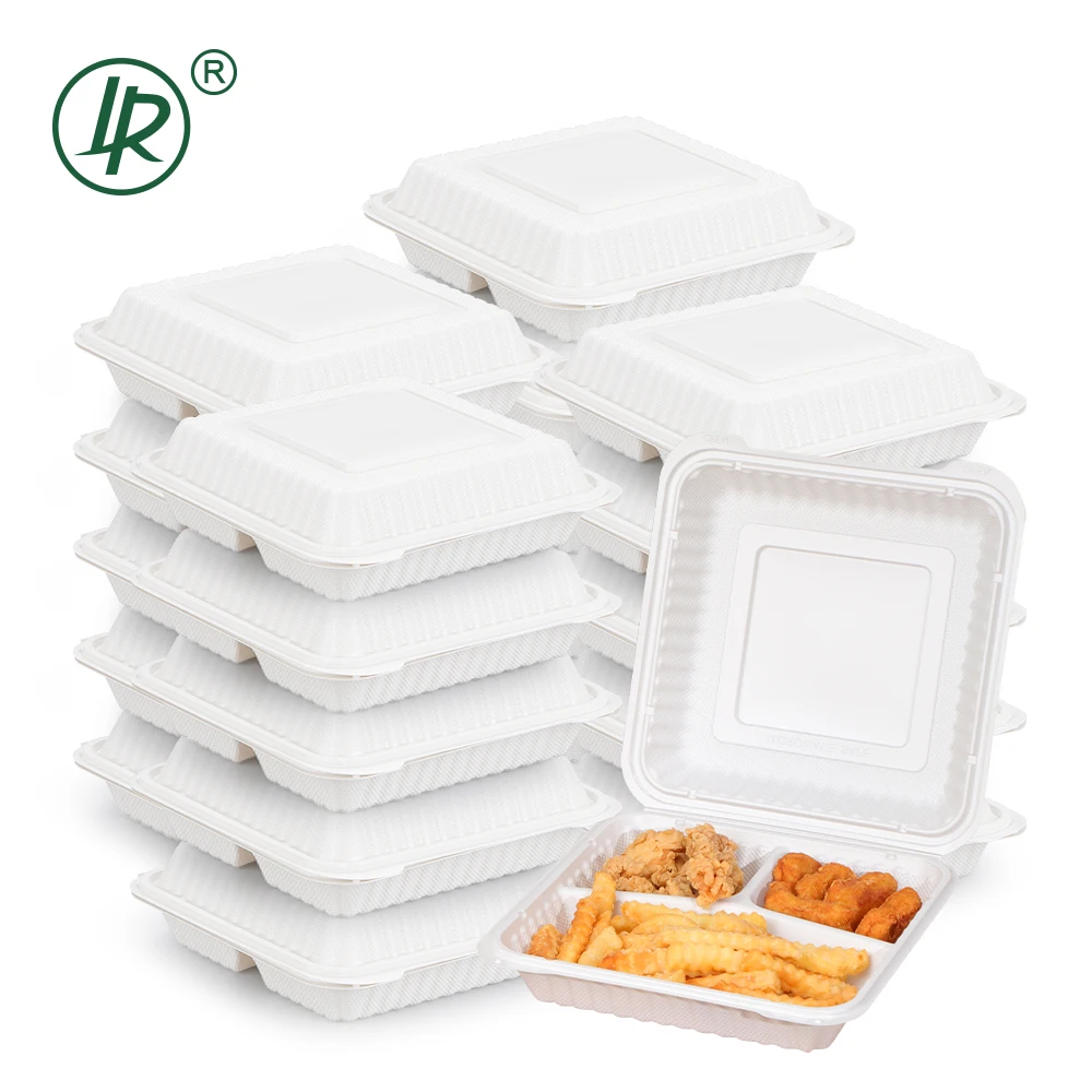 LR 7*7 Inch 3 Compartments BPA Free Disposable Clamshell Togo Lunch Box Plastic Large Hinged Lid Take Away Food Container