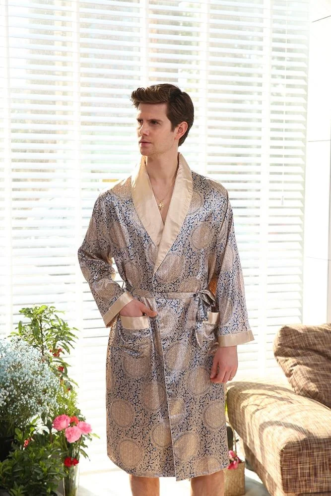 
Two piece silk robe set Luxurious satin bathrobe long sleeve pattern design pajamas for men 