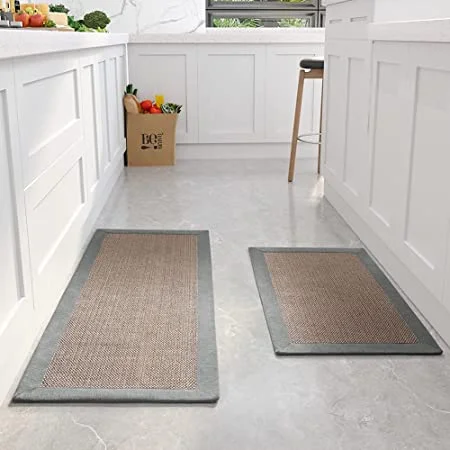 2 Pcs Cushioned Anti-fatigue Gray Linen Washable Non-Slip Kitchen Floor Standing Mat For Sink Hallway Laundry Room Indoor