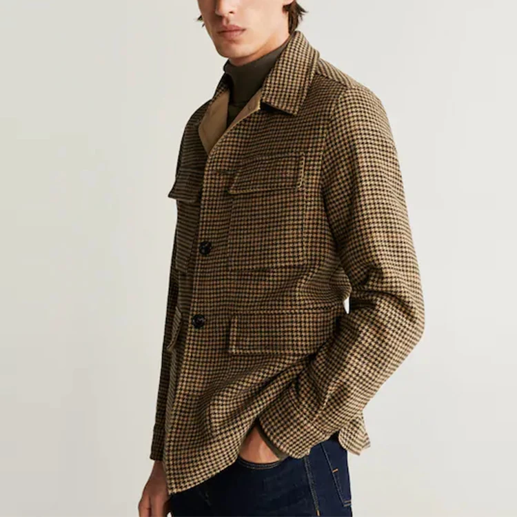 GUANGDONG CITY LONG V-NECK PLAID PATTERN BUTTONS FRONT HEAVY WEIGHT WINTER CASUAL WEAR MENS COATS AND JACKETS