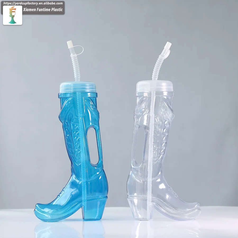 32oz Plastic Cowboy Beer Boot Cup Custom Cowboy Boot Shaped Plastic Beer Yard Cups With Lanyard