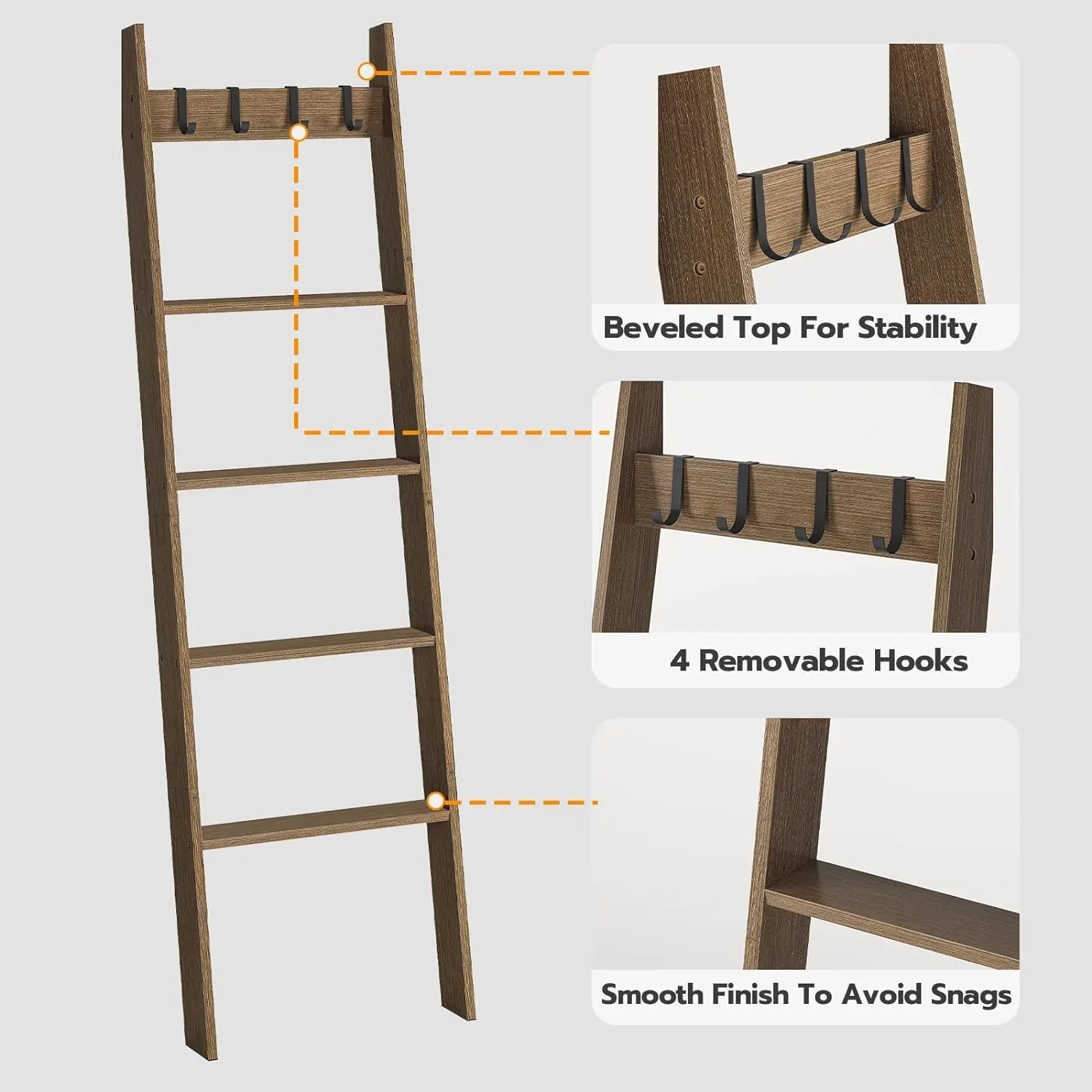 202405 Blanket Ladder, 5-Tier Wall Leaning Towel Rack, Decorative Ladder Shelf with 4 Removable Hooks