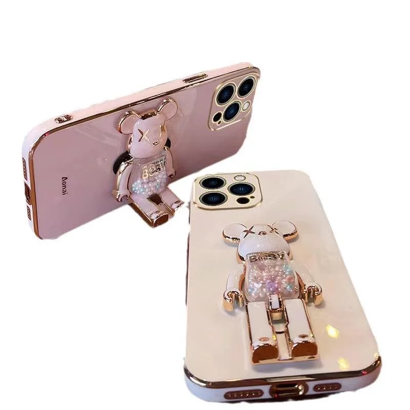 luxury electroplated stand   holder bear  phone case  for Iphone 15 13 12 11 candy bear plating holder case