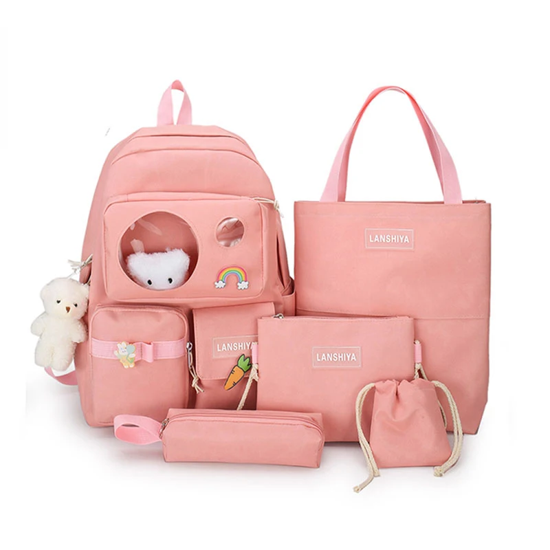 Cute Nylon Canvas College 5 pcs Schoolbag Backpack Sets Pink Travel Shoulder School Bag for Women Girls Student