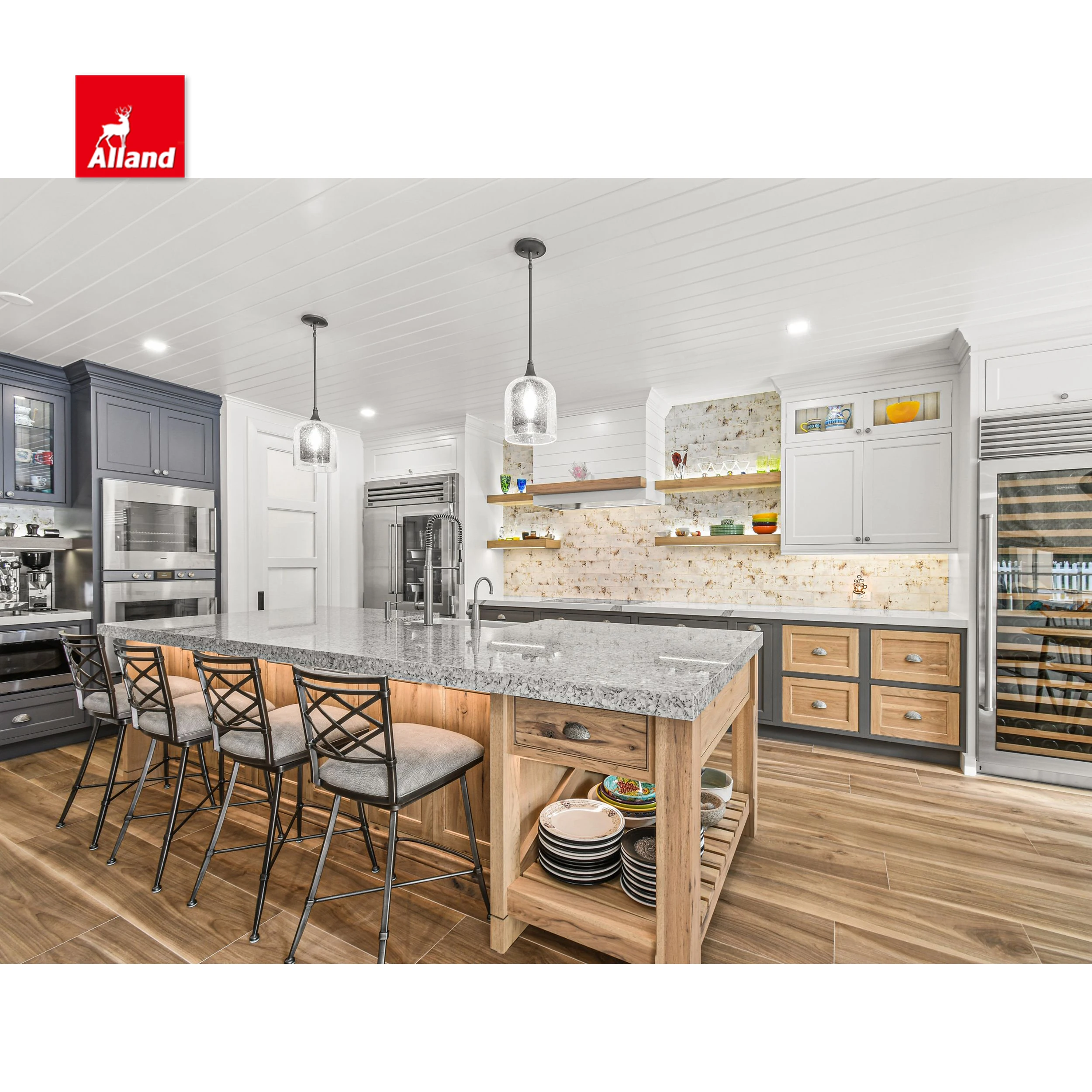 Превосходная двухцветная комбинированная деревенская кухонная мебель из гикори со вставкой в рамке выдвижной ящик с двойными бусинами и светодиодными лампами