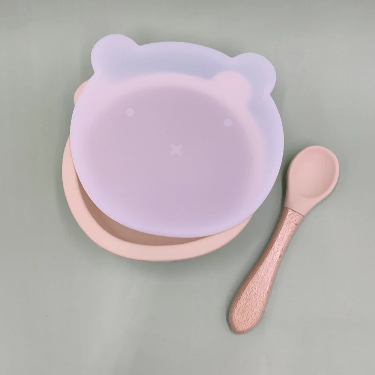 non-toxic non-spill strong suction BABI FOOD BOWL  set feeding bear shape silicone suction bowl with lid and spoon