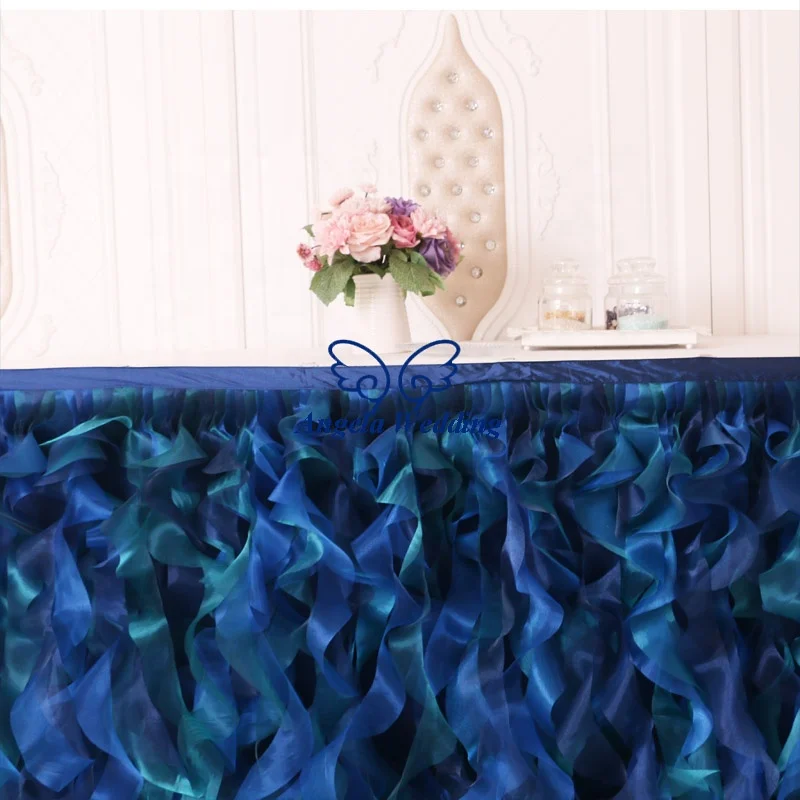 SK010M different design Christmas birthday party royal blue navy blue and green mixed organza curly willow table skirt
