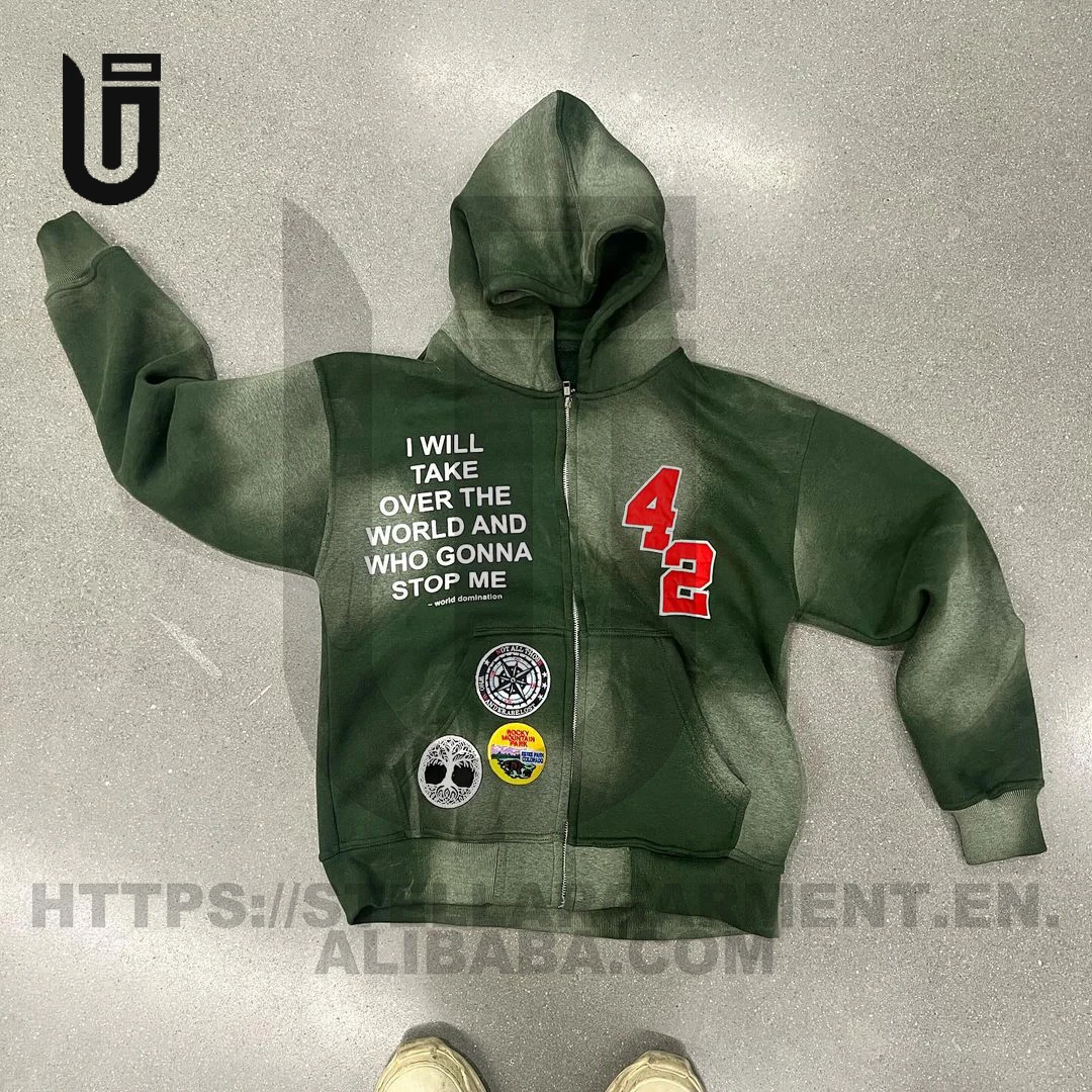 OEM Custom Logo Heavyweght Fabric Patches Embroidery Acid Wash Vintage Applique Rips Cut And Sew Sun Faded zip up Hoodie For Men