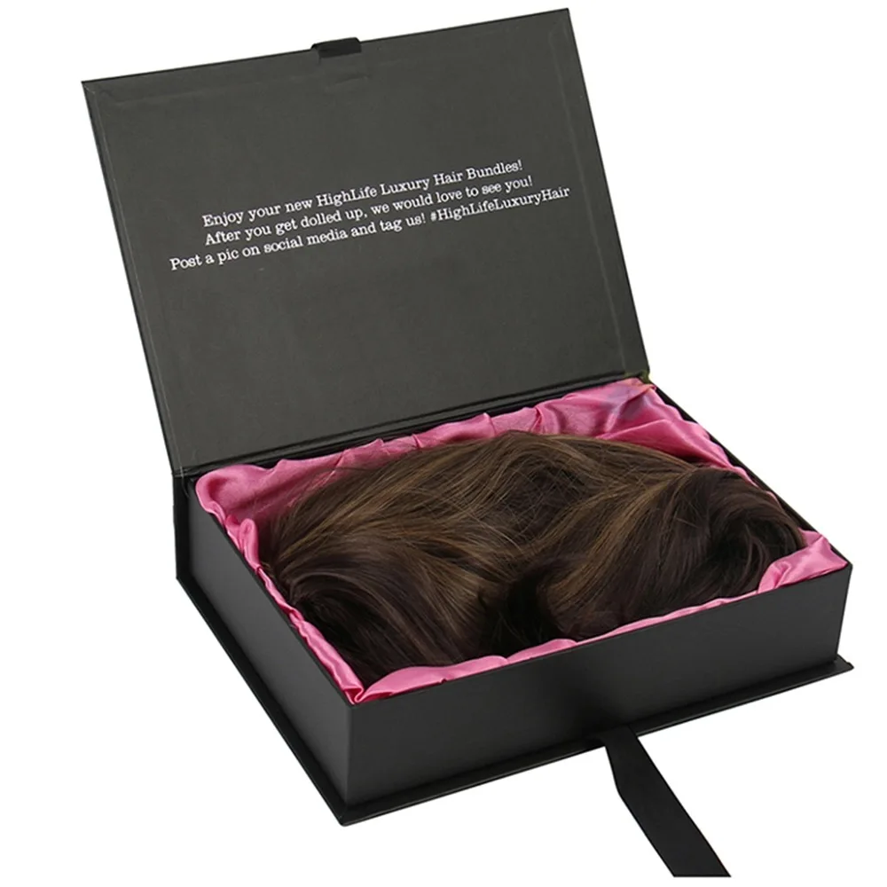Wholesale custom printed elegant design hair extension wig packaging boxes with satin lining