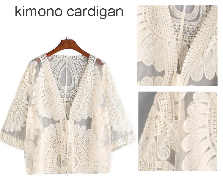 Casual Embroidered Knit Sweater Loose Boho Lace Kimono Cardigan Women