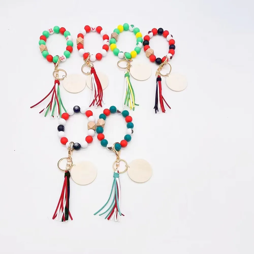Rainbow Luxury Colorful Deer Silicone Circle Bracelet Wrist Blank Wood Keychain  for Women Christmas Gifts