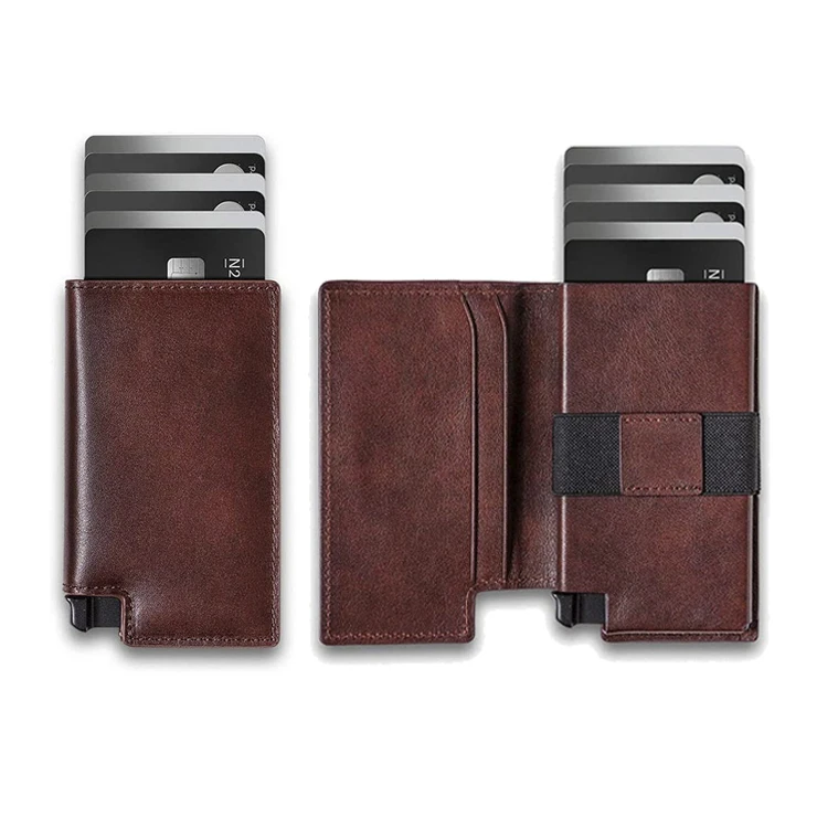 Aluminum RFID Custom logo Genuine Cow Leather Metal id Credit Card Holder Pop Up Card Holder case Wallet