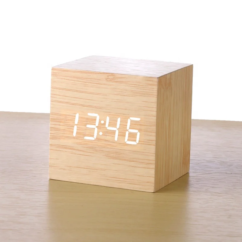 Fashion Home Decor Cube Portable Wooden Digital LED Desk Alarm Clock With USB And Battery Supply