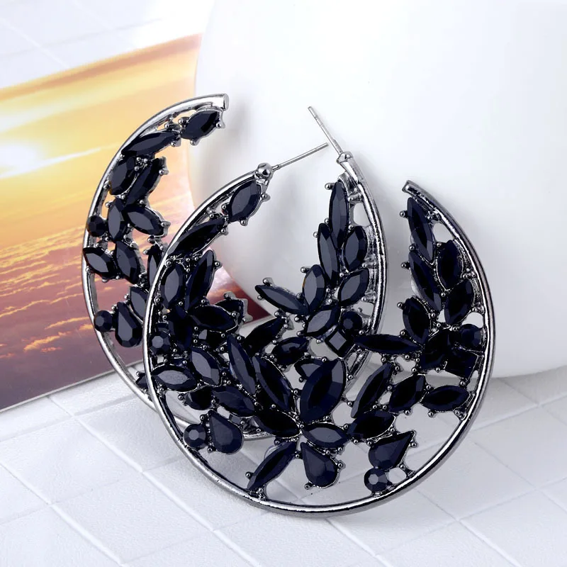 HOVANCI Summer New Micro Paved Diamond Crystal Big C Shape Hoop Earrings Simple Open Hollow Out Crystal Floral Circle Earrings
