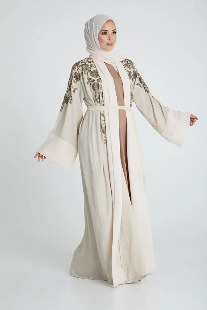 Latest Design Dubai Kaftans Islamic Front Open Floral Embroidery Muslim Women Abaya