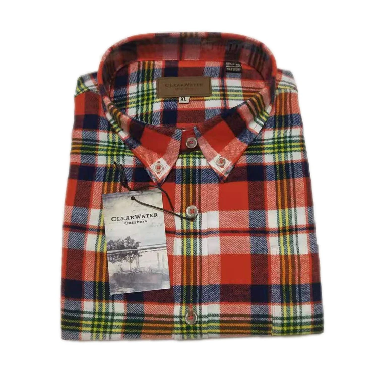 
100% cotton square collar chest pocket men long sleeve plaid shirt 