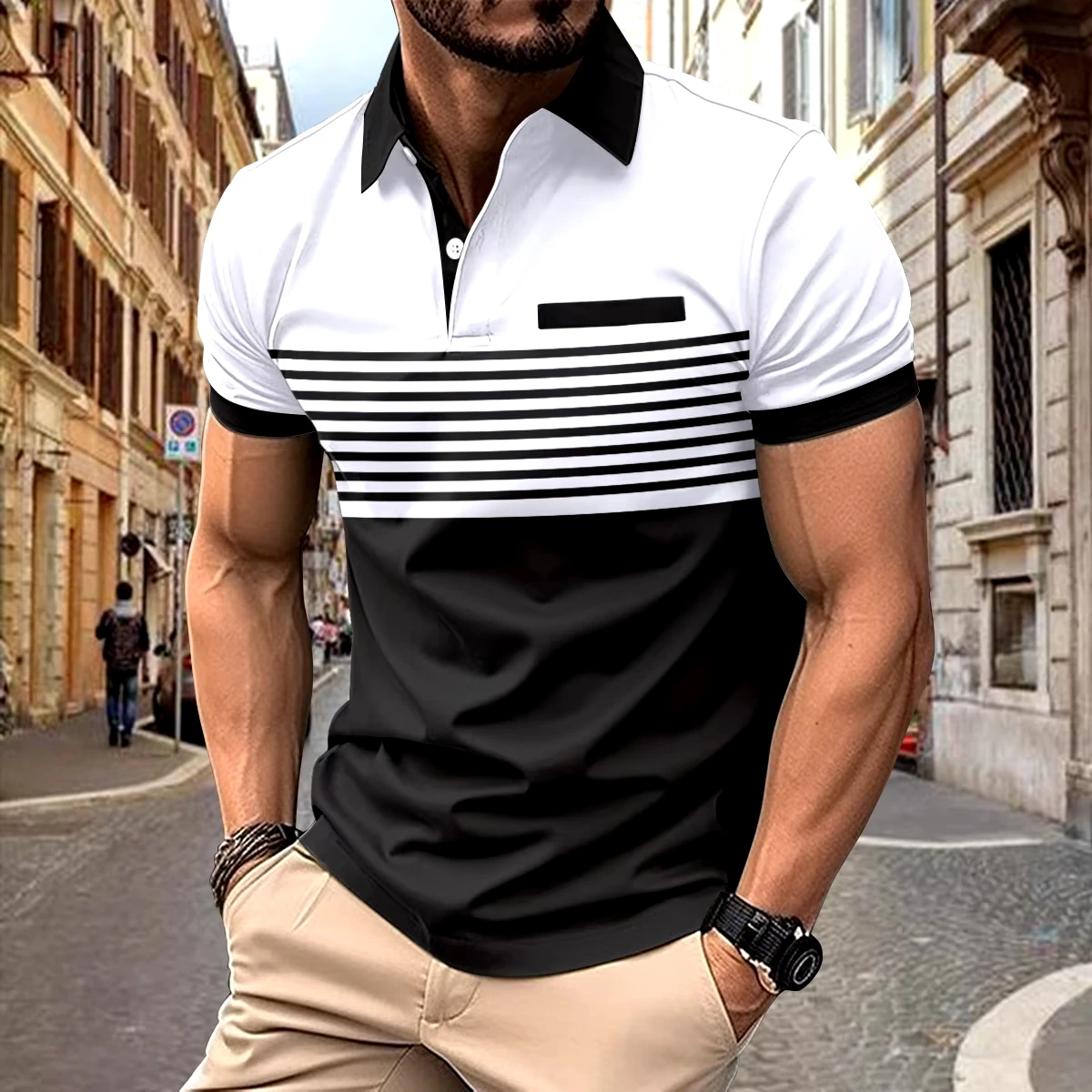 2024 Summer New Mens Slim Casual Polo Shirt Color Matching T-shirt for Man T-shirt Chest Button Printed Striped Short Sleeve