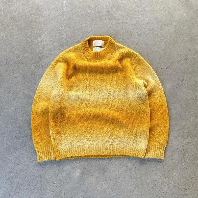 Custom OEM Crew Neck Sweater Long Sleeve striped Sweater Men Gradient Knitted Pullover Jacquard Knitwear Men Mohair Sweater