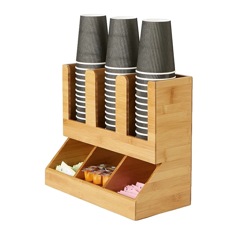 6 Compartments wooden table caddy condiment Bamboo Upright Coffee Breakroom Condiment and Cup Storage Organizer