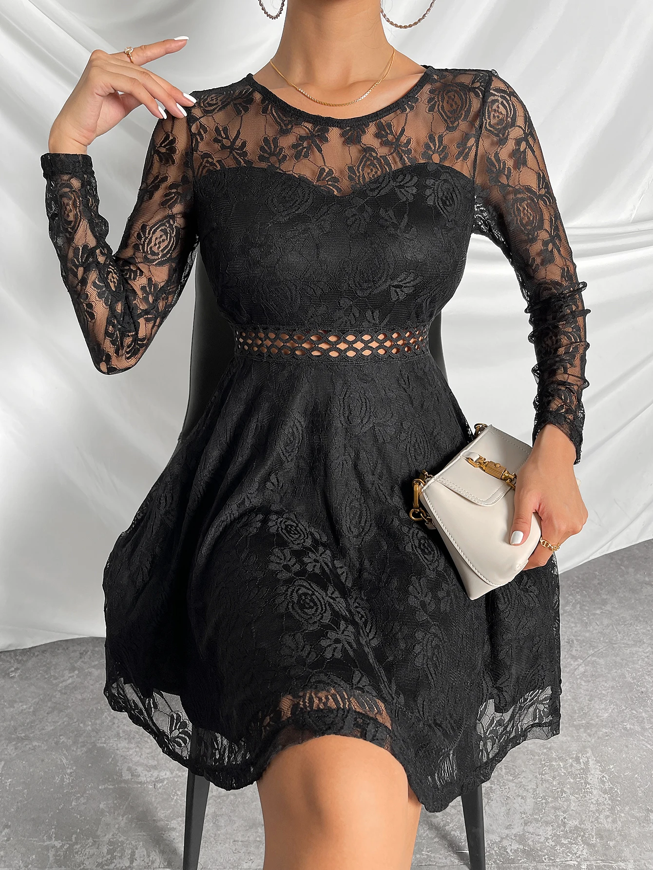 backless Sexy Hight Quality see through black lace dress Spring High Waist Long Sleeve Flared Ladies Cut Out Zip Back Lace Dress