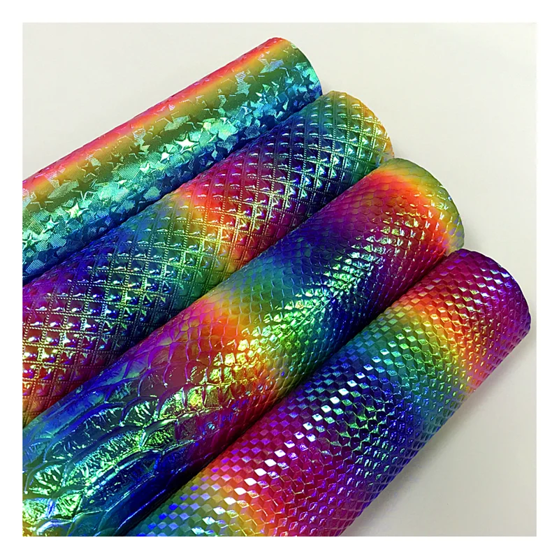 Голографическая Радужная виниловая ткань из искусственной кожи pu с тиснением для сумок