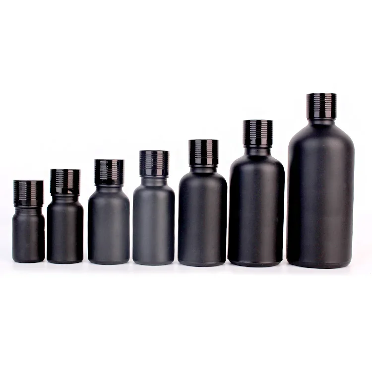 Matte black Skincare cosmetic essential oil glass bottle 5ml 10ml 15ml 20ml 30ml 50ml 100ml with lid