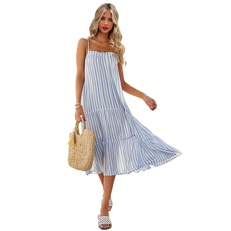 Sexy Open Back Stripe Plus Size Slip Dress Double Layer A-Line Loose Casual Dresses Women