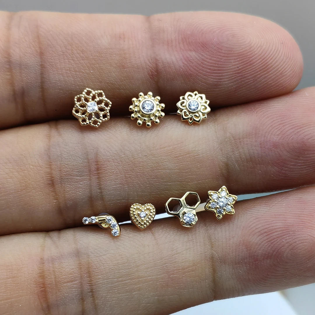 Calendo Fine Jewelry  14k  Solid Gold   Threadless  End With Stainless Steel Pin  Daith  Earlobe  End Piercing Earring Top