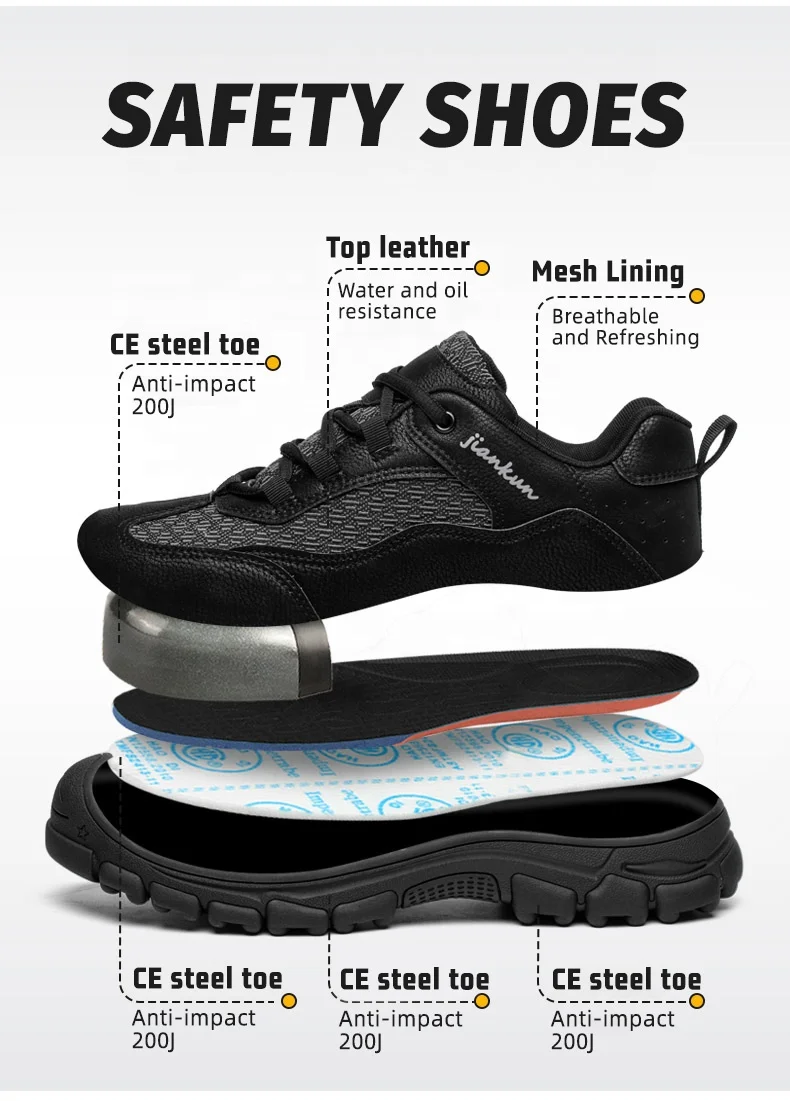 JIANKUN Comfortable Safety shoes Wear-Resistant Microfiber Leather Steel Toe industrial Safety Shoes for men