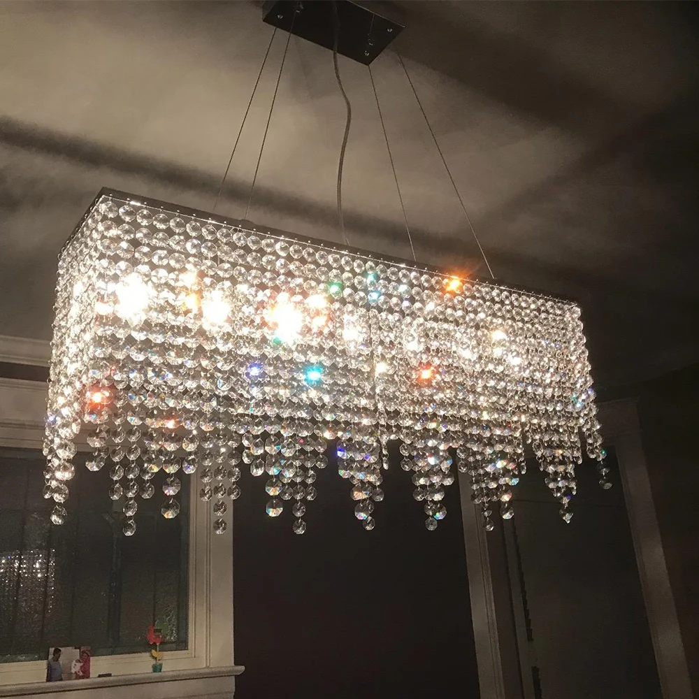 modern linear island dining room clear k9 crystal LED glass pendant light Iron Rectangle hanging lamp chandelier