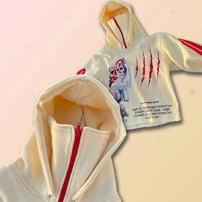 huili custom graphic screen printed hoodies half face hat high neck cropped hoodie men cut edge raw hem ninja hoodie for men