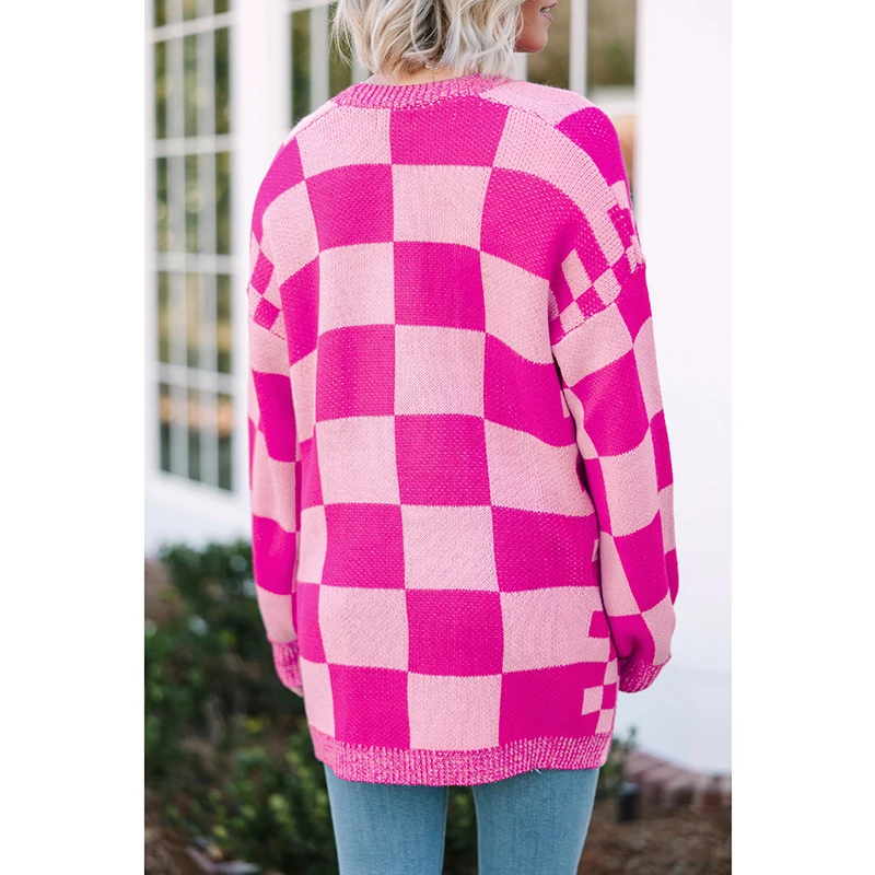 Dear-Lover Wholesale Fast Shipping Fashion New Winter Checkered Printed Ribbed Trim Open Front Knit Sweater Cardigan