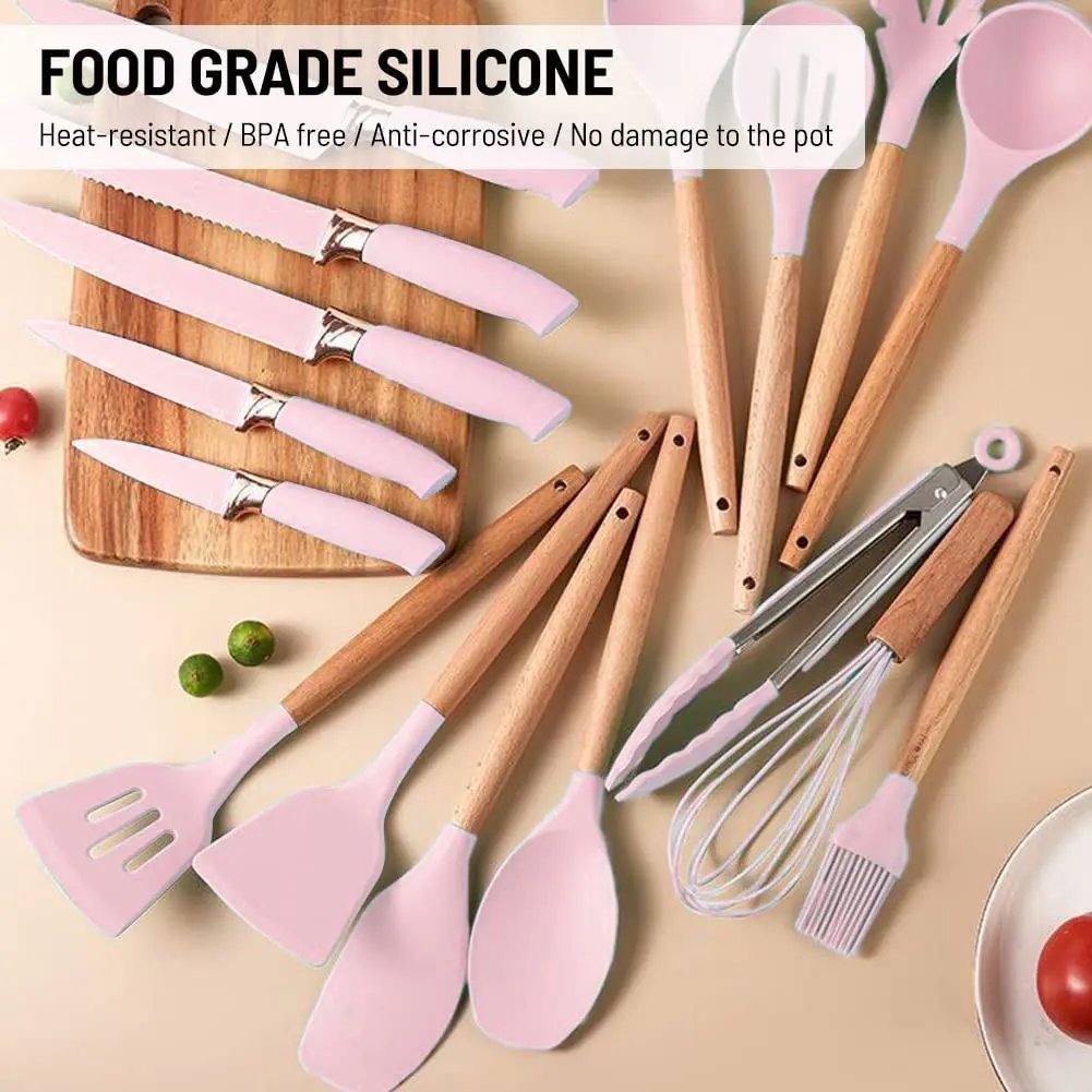 New design set of kitchen equipment accessories 19pcs pink silicone utensil kitchen knife with cutting board kitchen gadgets set
