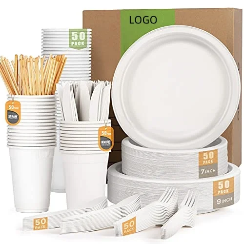 350PCS Compostable Paper Plates Set Eco-friendly Heavy-duty Disposable Paper Plates Cups and Straws for Wedding Party