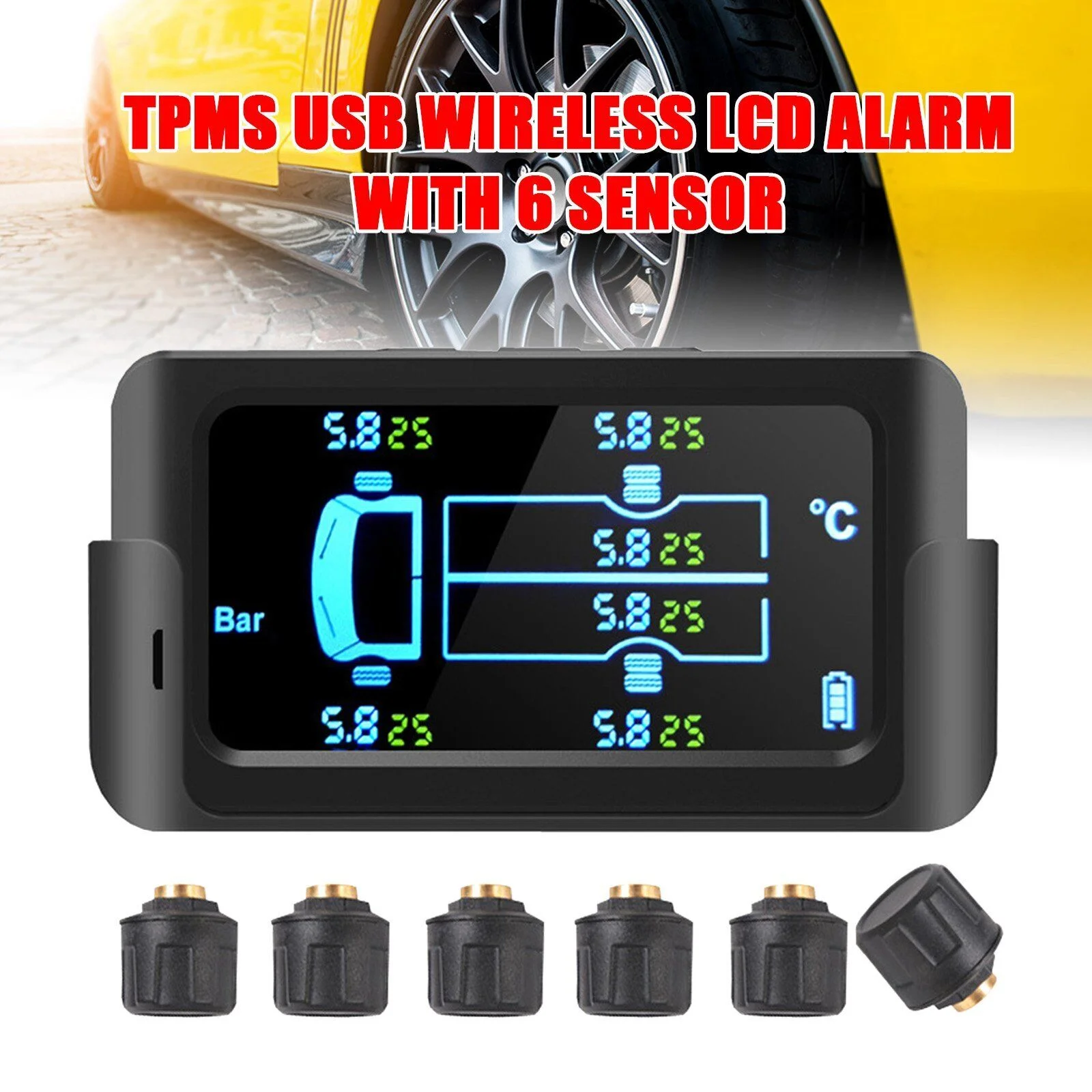 0-8 0-16 Bar 116 217 PSI Big Screen 180 Degree Adjustable 6 Wheels   Tyre Tire Pressure Monitoring System Sensor