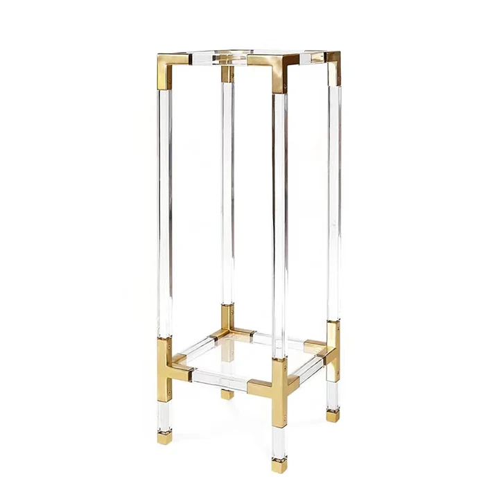 Transparent acrylic wedding flower stand side table brushed metal brass square office living room bedroom can be customized