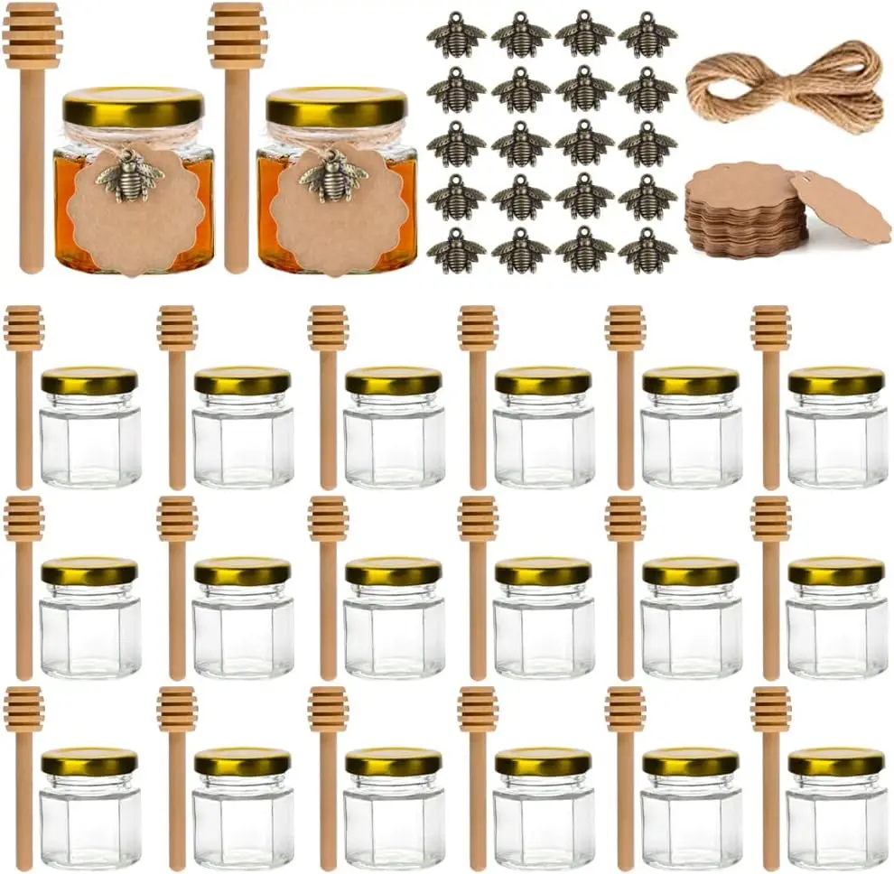 1.5oz Mini Glass Honey Small Jam Jars, Perfect for Wedding Gifts and Party Giftswith Wooden Spoons, Gold Lids,