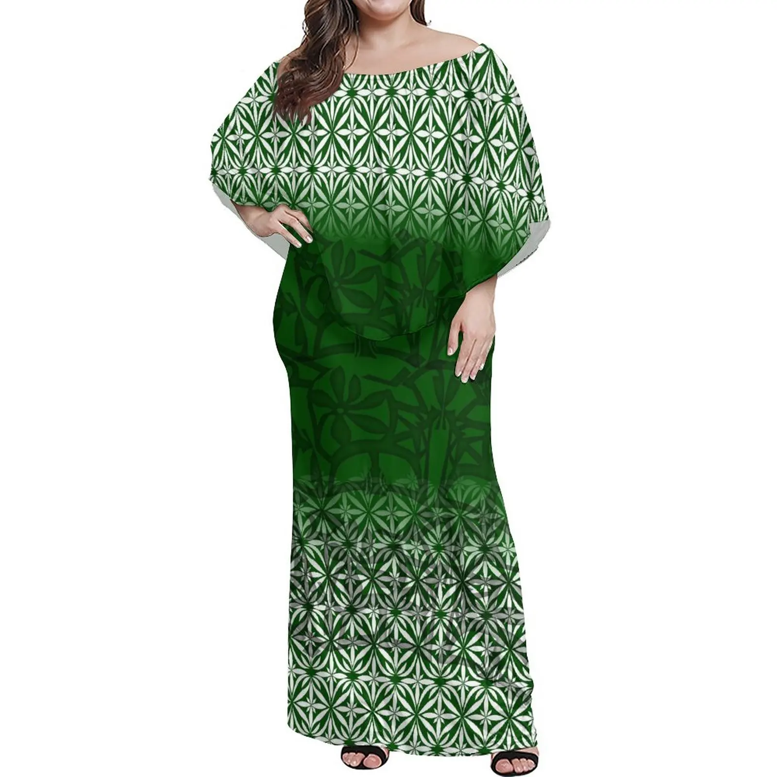 New Pacific Island Art Blue Polynesian Tribal Island Dresses Off Shoulder Layered Ruffle Shawl Dress Party Evening Dress Gowns