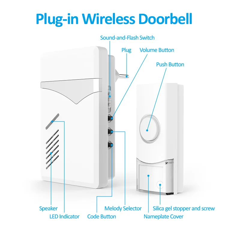 Smart wireless doorbell ding dong sound electronic door bell 38 Molidies chime wireless family doorbell kit  QH-822AC WHITE