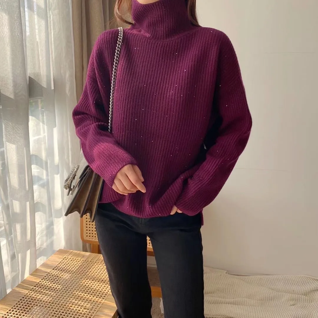 
Korean version of 100%wool shiny silk luxury bottoming shirt pit knit pullover sweater women 