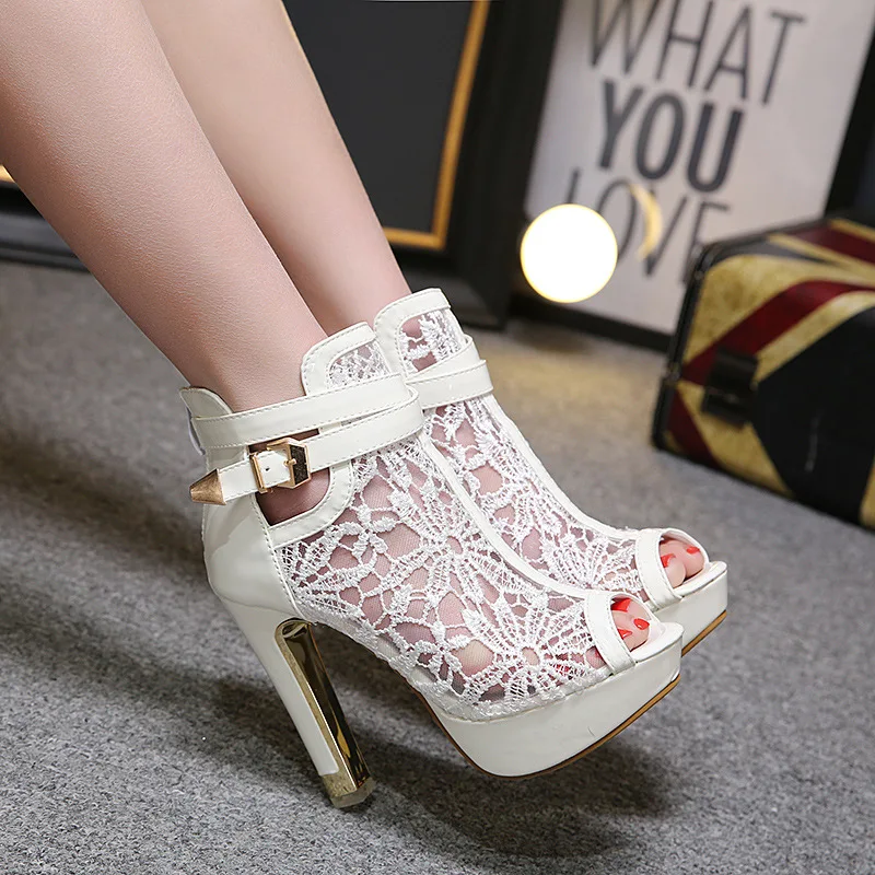 
Fish mouth high heel shoes ladies short elegant boots wholesale Korean style black mesh high heel thick bottom sandals 